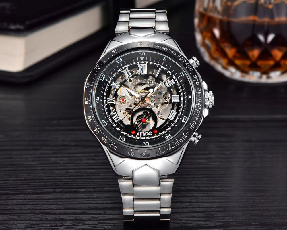 MCE men's mechanical watch with explosion-proof case on wrist, multiple colour options available.