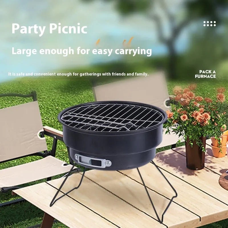 Small folding round outdoor ice stove and barbecue grill set with mesh, legs, and storage bag.