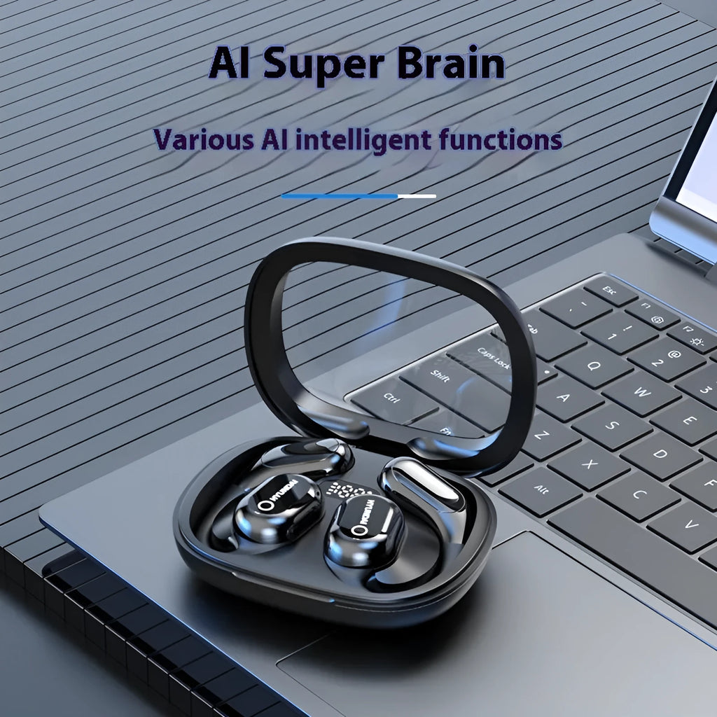 Black Bluetooth noise reduction headset with AI interpretation, ear hook design, and touch controls