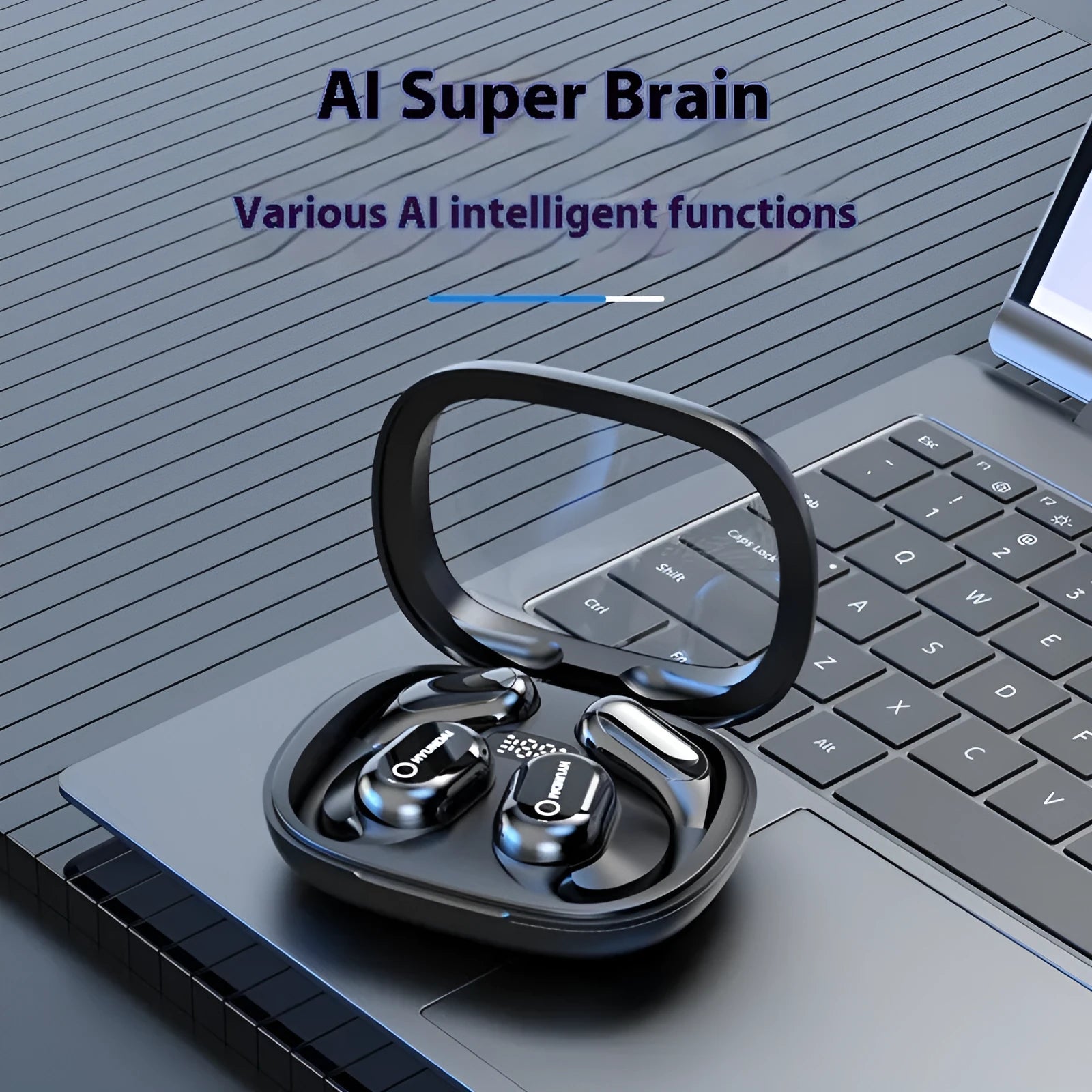 Black Bluetooth noise reduction headset with AI interpretation, ear hook design, and touch controls