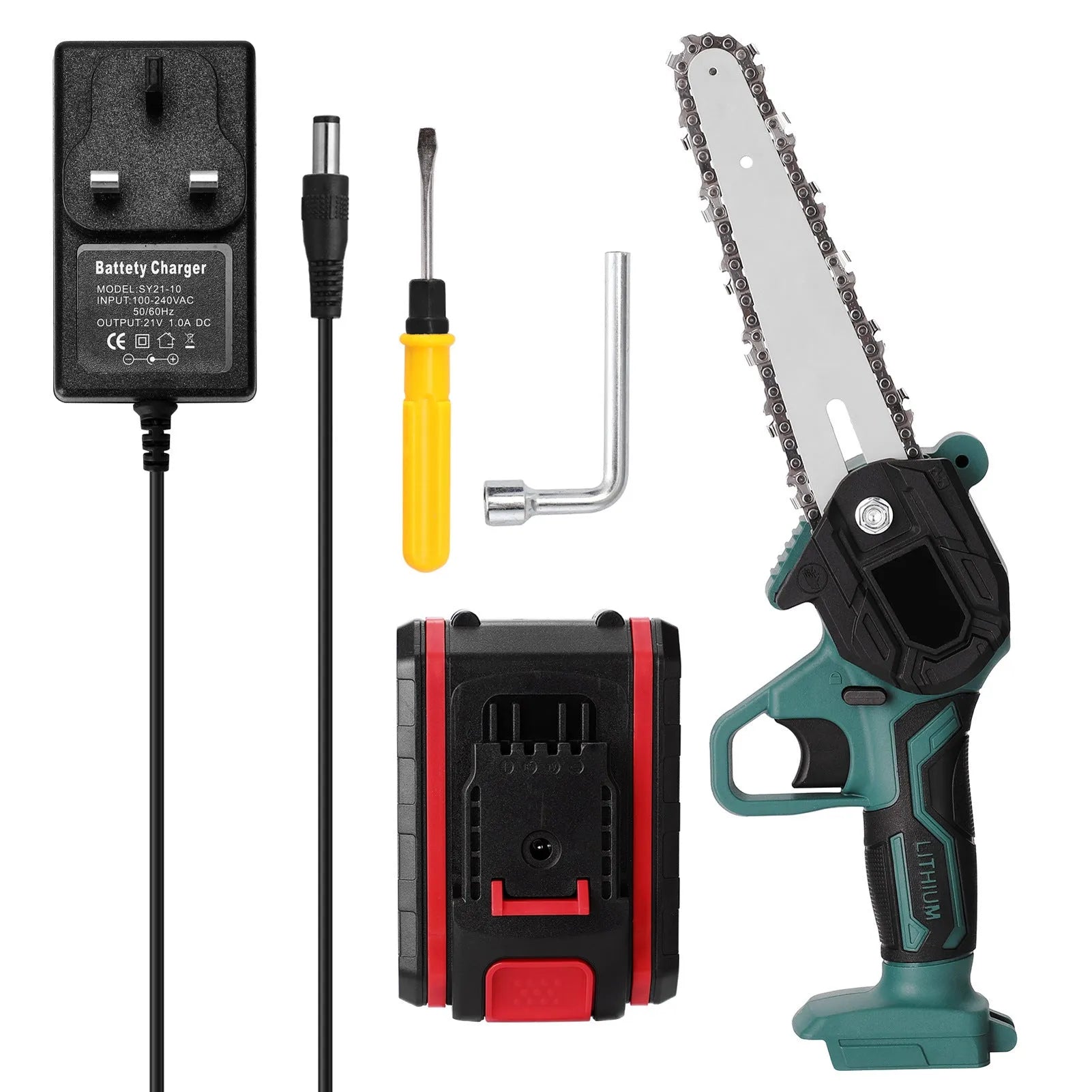 Black and green mini electric chainsaw with 4-inch bar held in one hand.