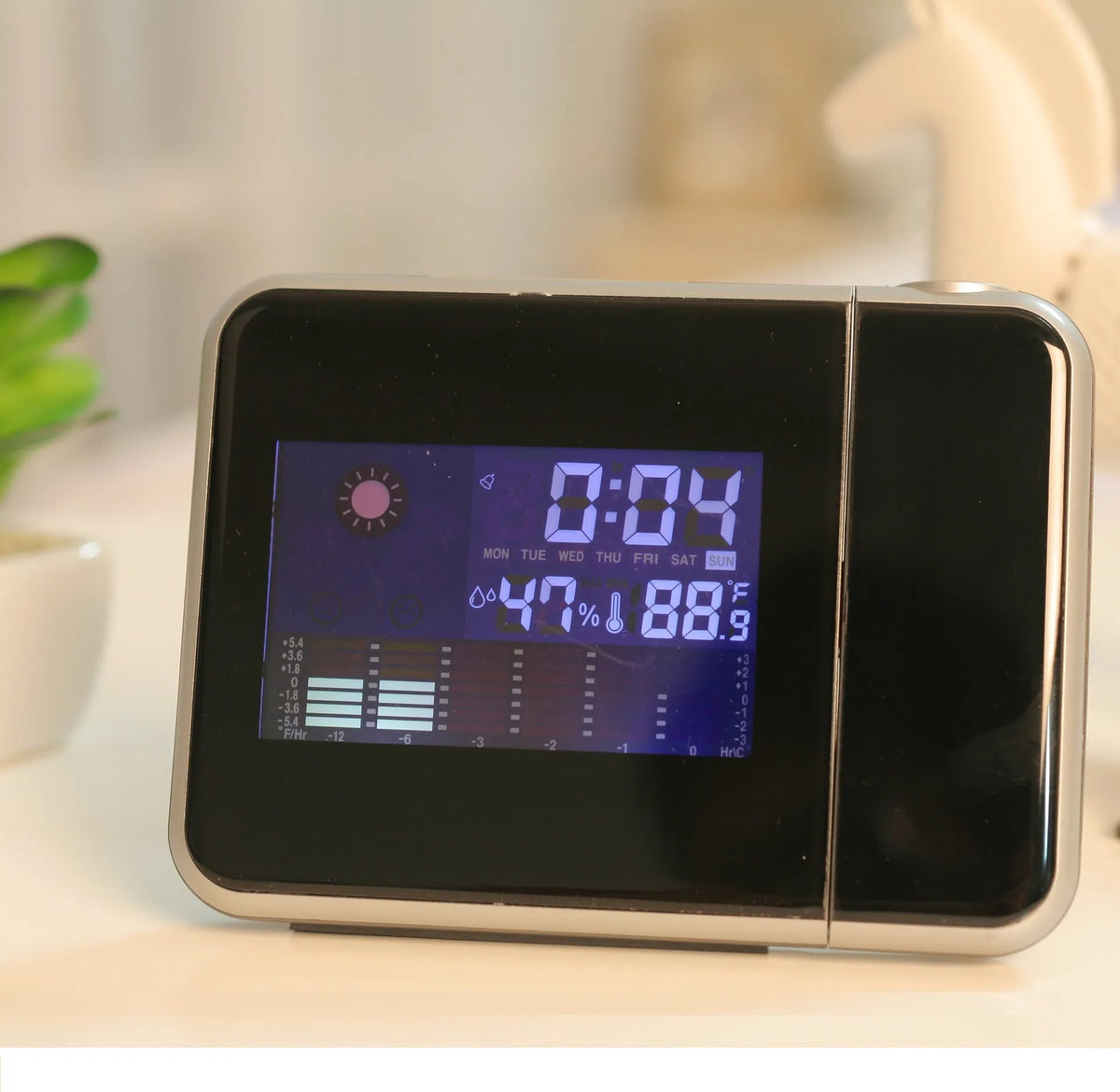 Digital electronic table clock, plastic, 16 x 6 x 12 cm, shown in Black USB and White USB options.