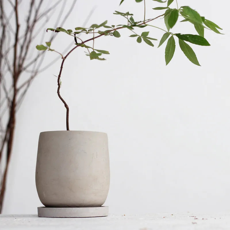 Round cement flower pot 11cm natural colour Chinese style desktop planter with tray