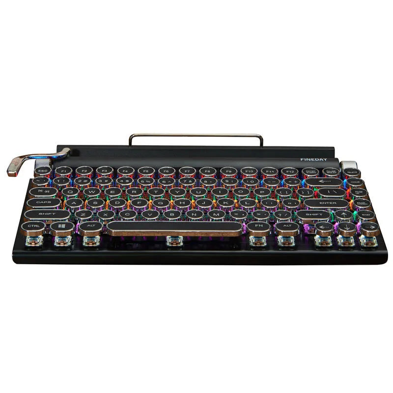 Black retro typewriter mechanical keyboard with backlit keys on a desk