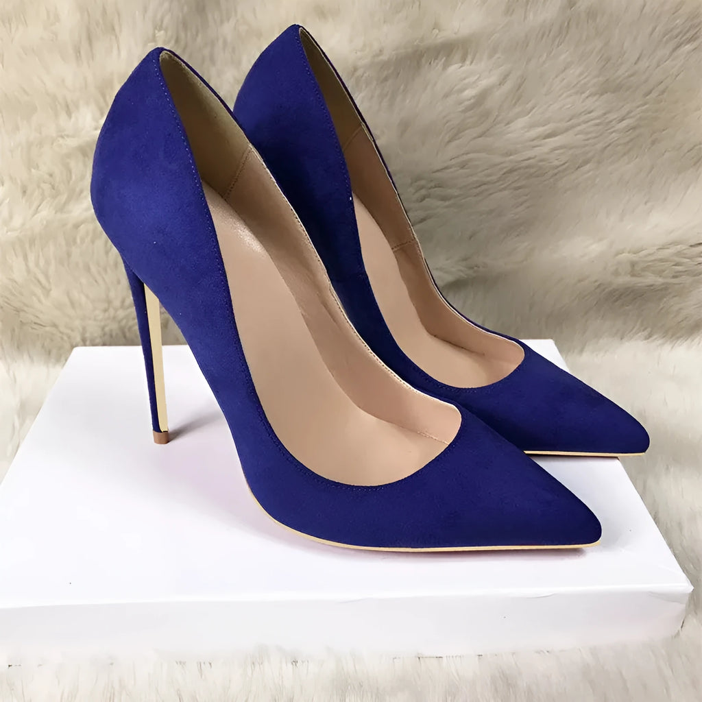 Blue suede stiletto heels with pointed toe, sheepskin insole and rubber sole, super high heel over 8cm