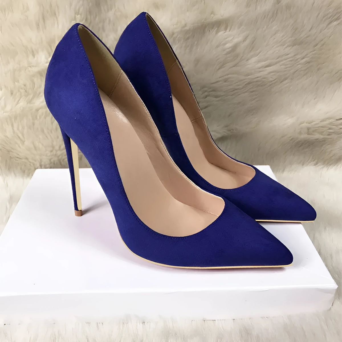 Blue suede stiletto heels with pointed toe, sheepskin insole and rubber sole, super high heel over 8cm