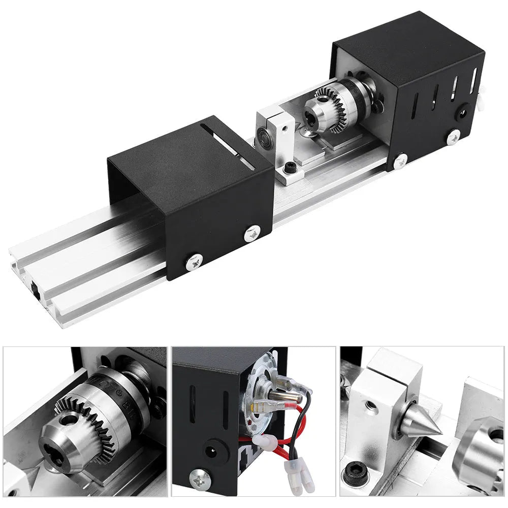Mini manual woodworking lathe with silver metal finish and carving knives