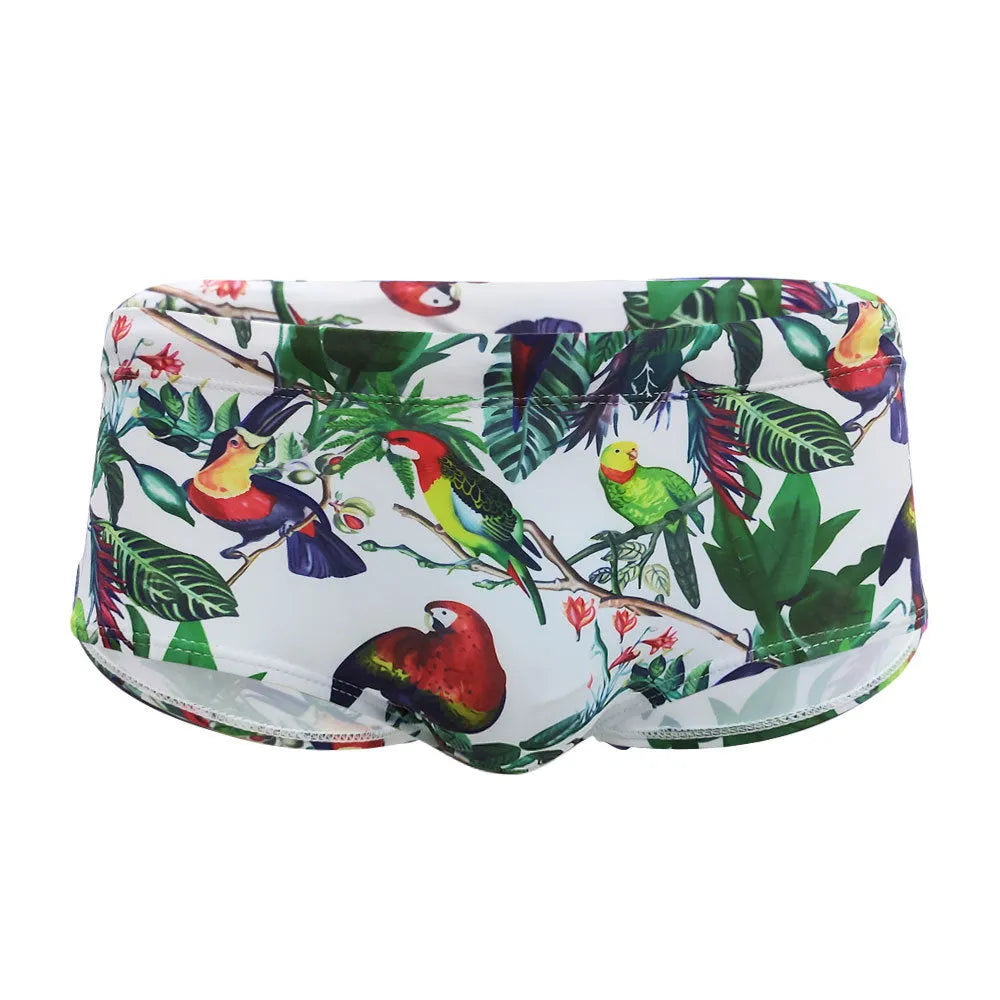 Men's flower-bird print swimming trunks in nylon fabric with cup cover detail
