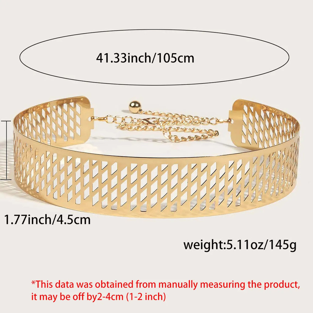Gold chunky metal waist belt with lantern-head design, 4.5cm wide and 105cm long with hook buckle.