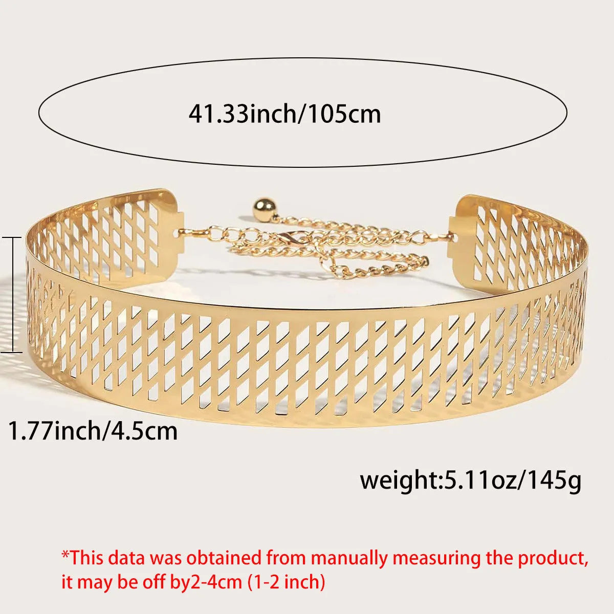 Gold chunky metal waist belt with lantern-head design, 4.5cm wide and 105cm long with hook buckle.