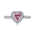 Women's S925 sterling silver heart-shaped ring in white diamond electroplated finish on white background