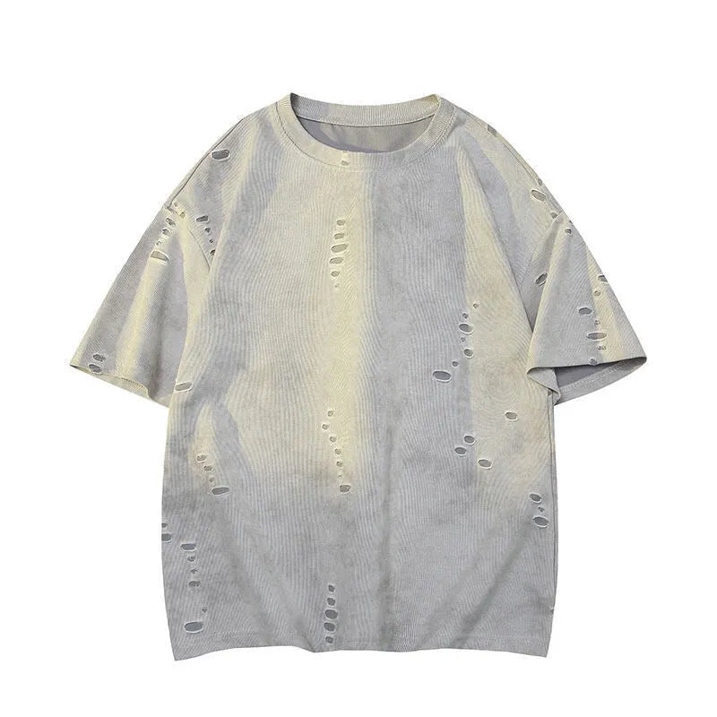 Men's loose blue cotton blend short sleeve t-shirt on a hanger