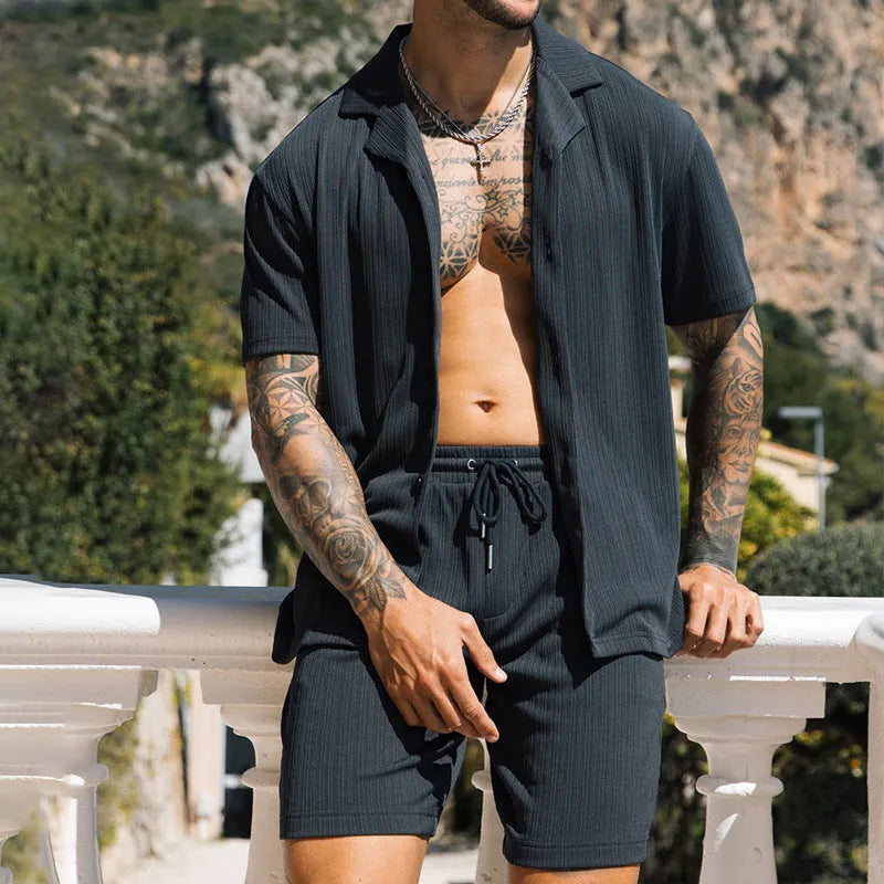 Men's two piece set with short sleeve lapel button shirt and matching shorts in cotton blend, summer beach streetwear outfit
