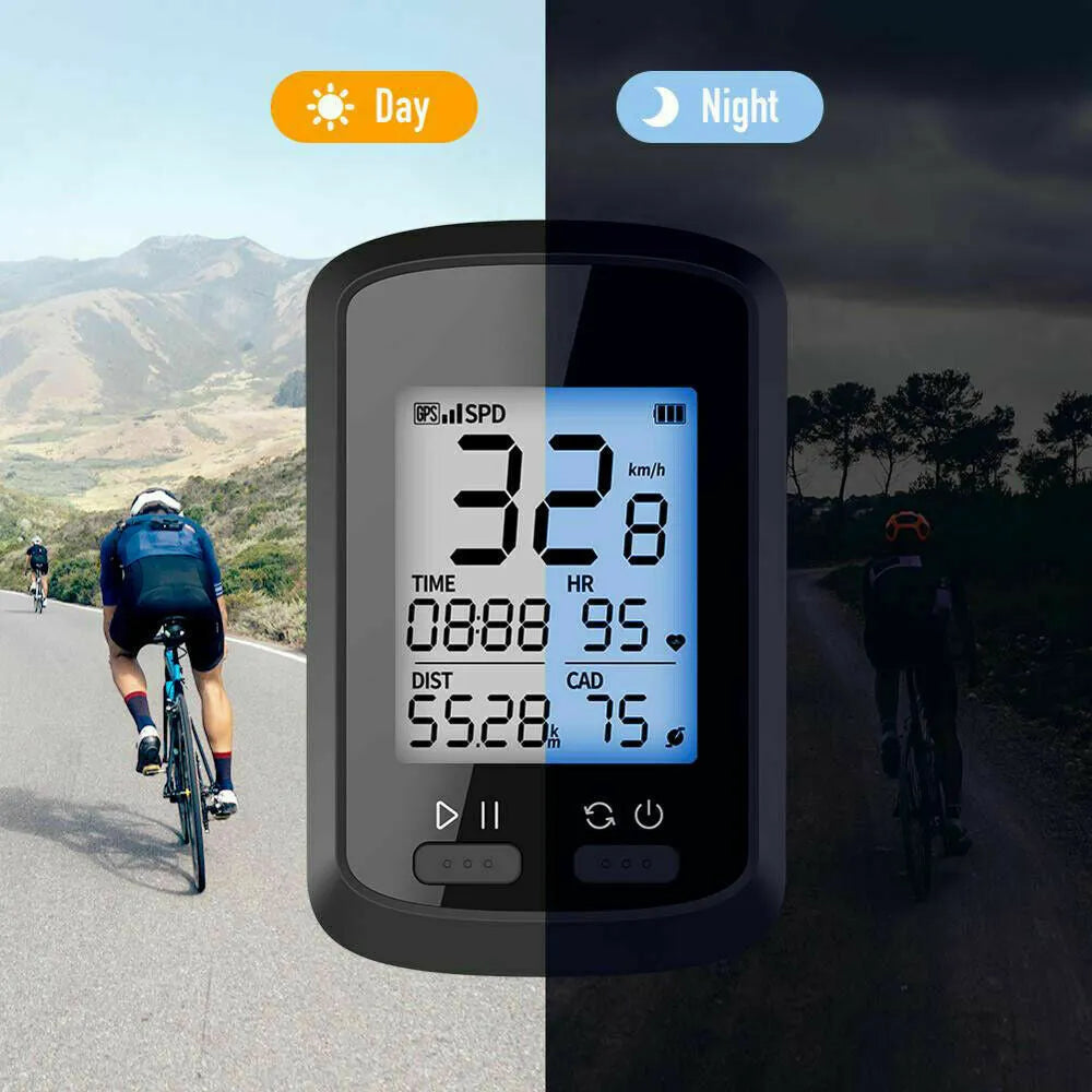 Black plastic waterproof stopwatch mounted on bicycle handlebars.