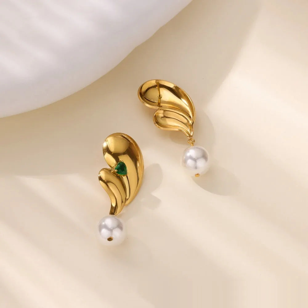 Stainless steel green zircon and pearl drop earrings with electroplated finish, geometric shape, 2 cm drop