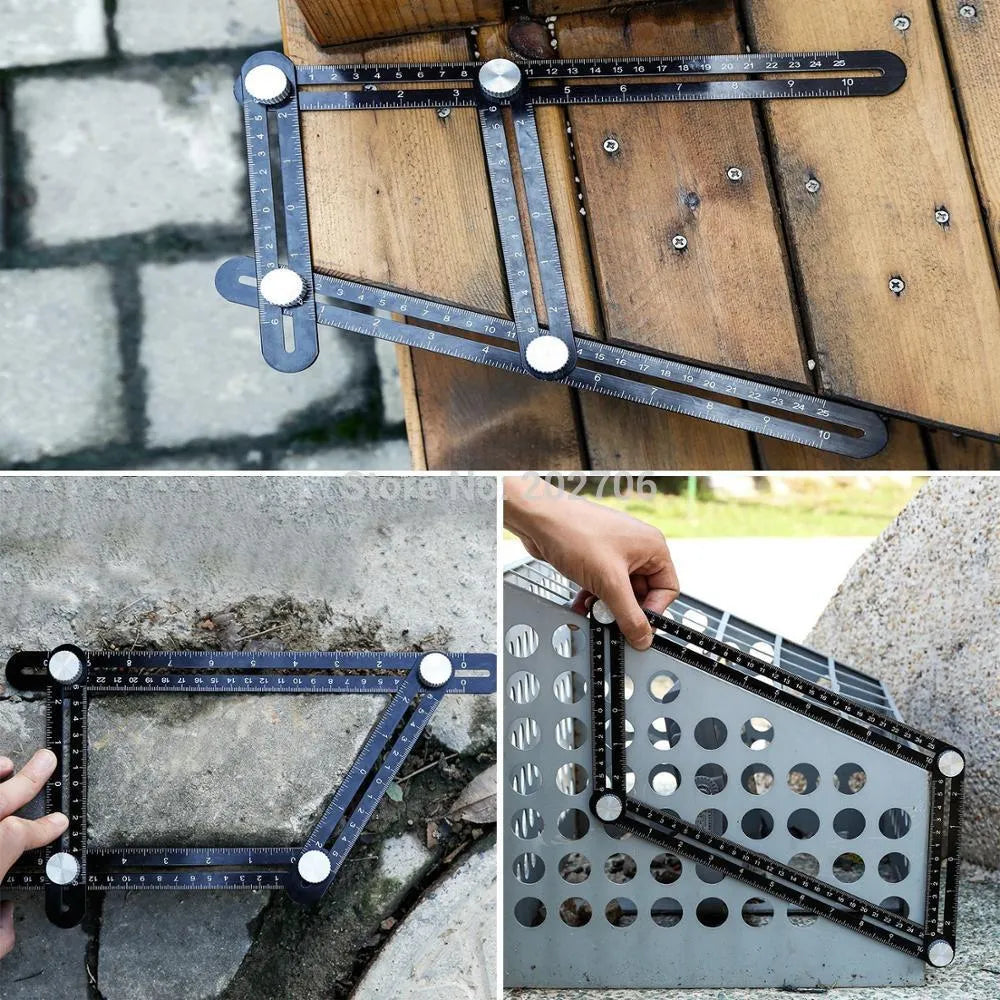 Four-sided aluminium alloy ruler template tool with 1 mm accuracy, measuring inches and centimetres for marking shapes and angles