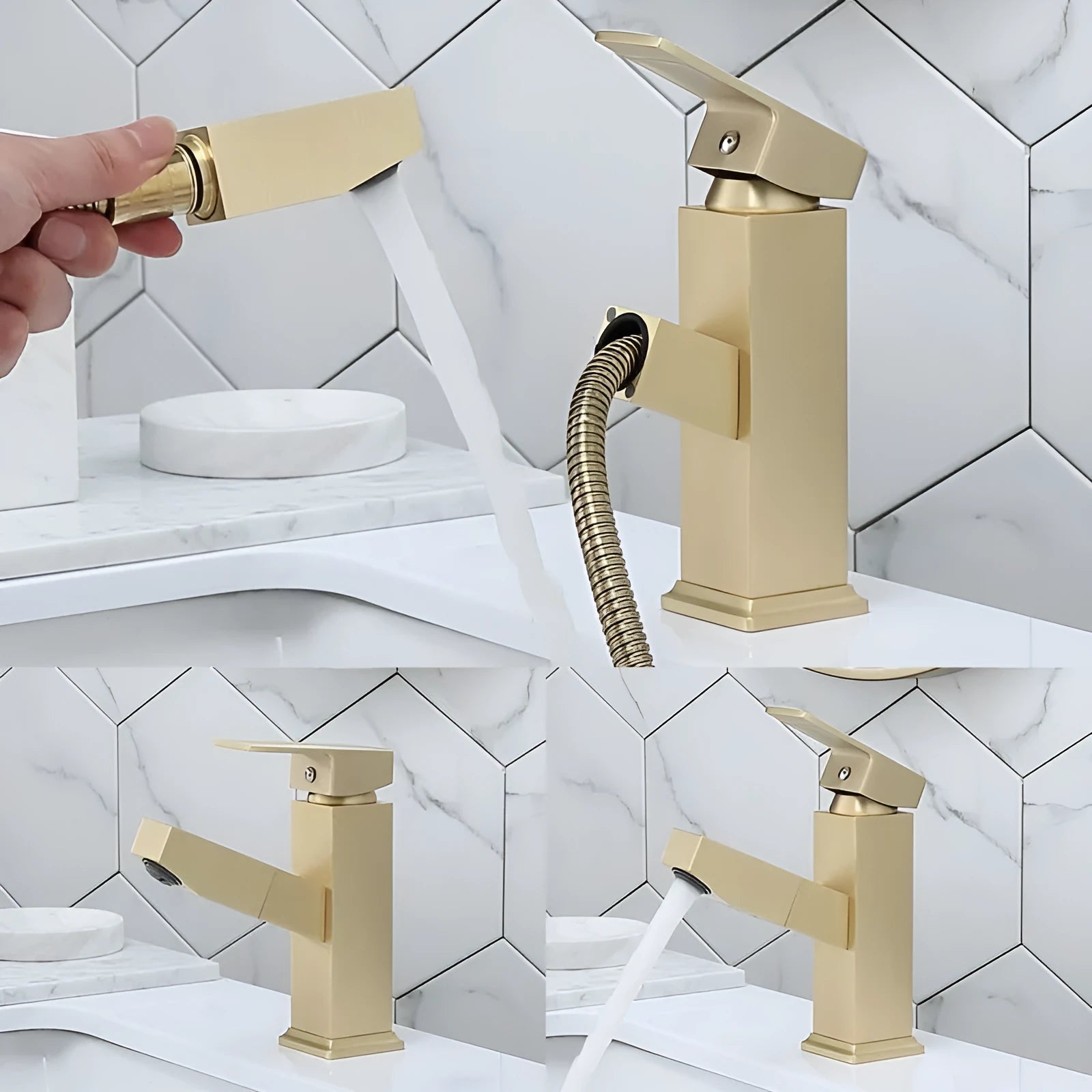 Brushed gold square pull faucet with brass construction and pull-out spout for kitchen sink hot and cold water