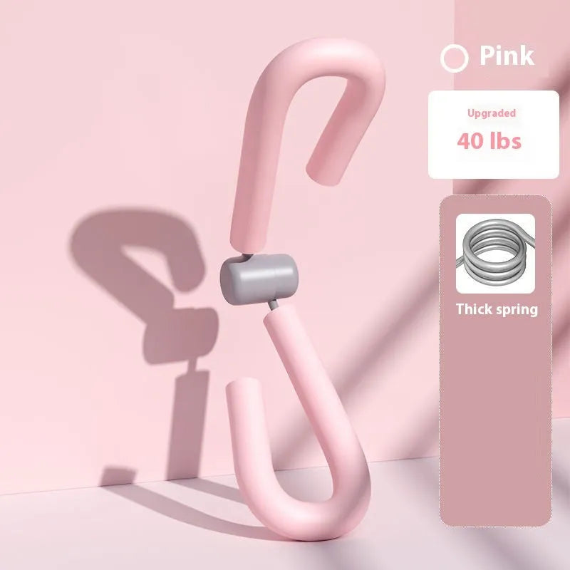 Yoga four piece fitness set showing leg beauty device, yoga ring, pedal chest expander, and figure eight tension rope.