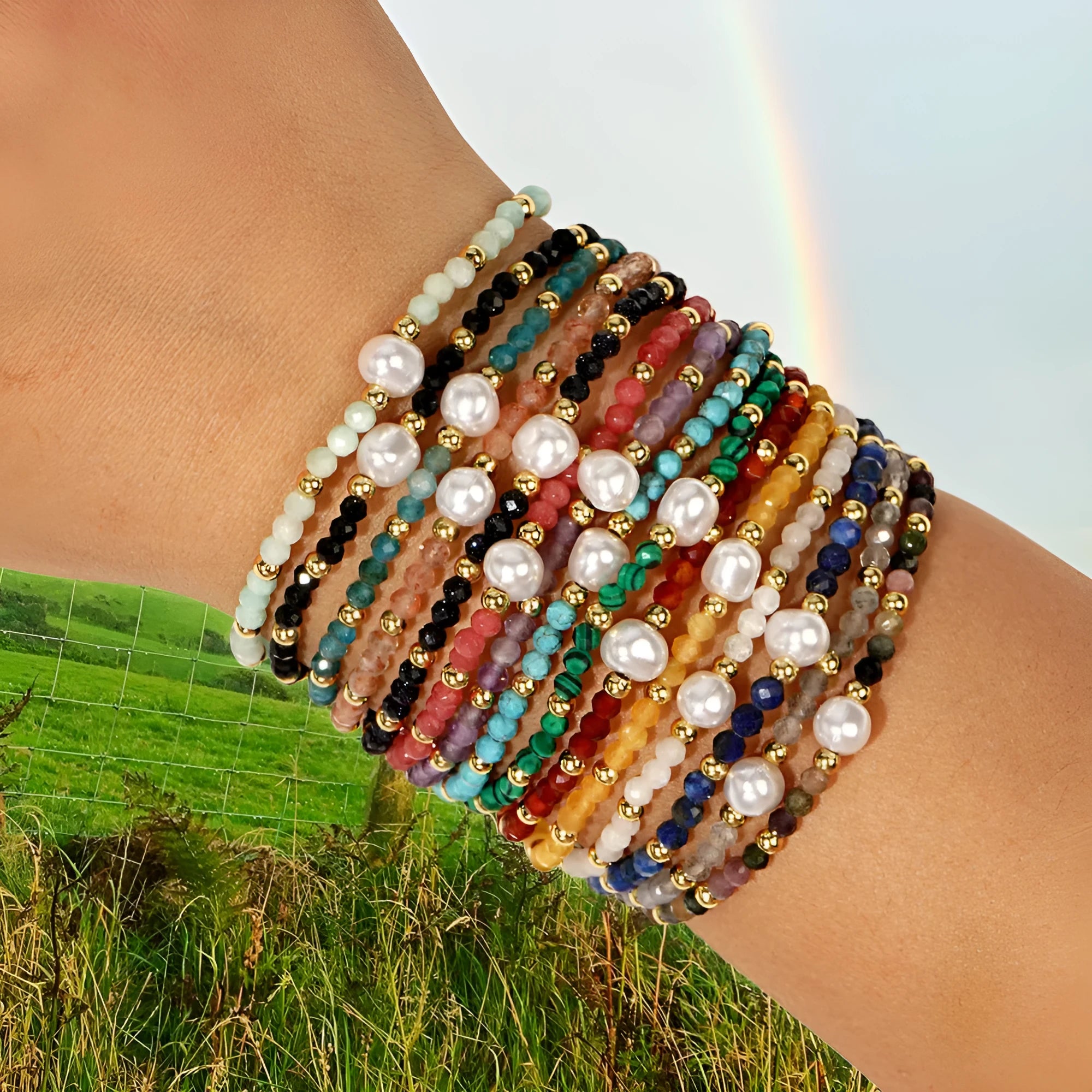 Natural stone geometric ellipse bracelet showing structured design and material texture