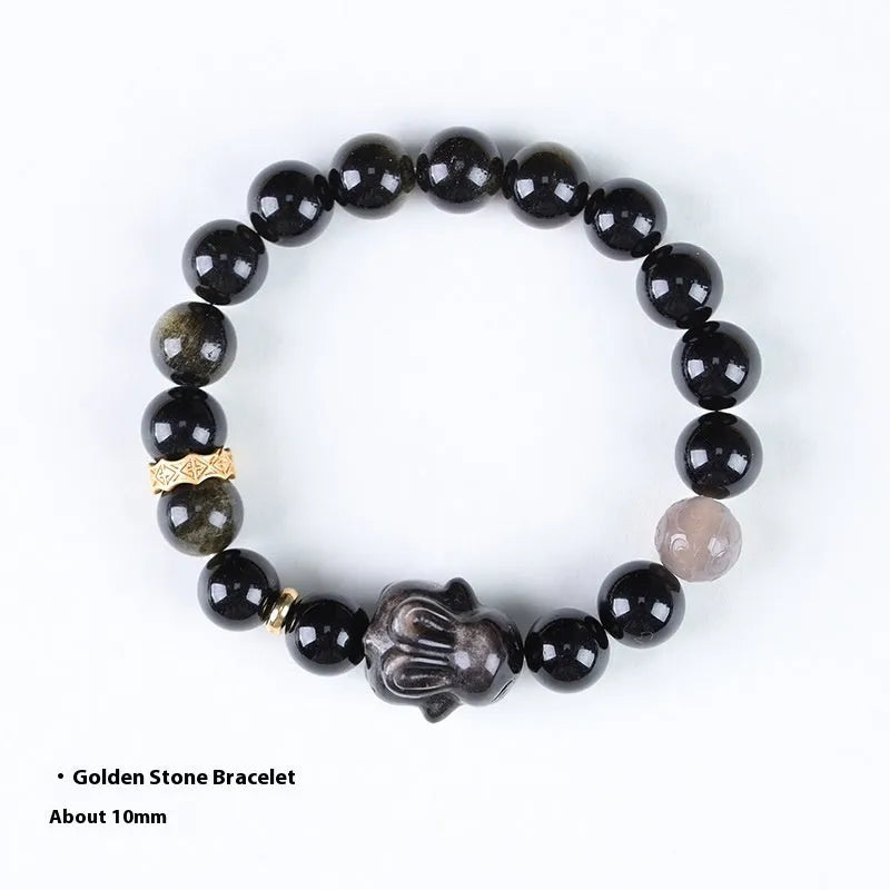 Handmade Chinese national style obsidian bracelet with lying rabbit charm and mixed metal and agate beads.