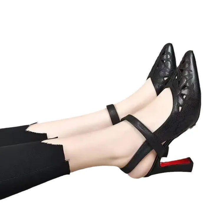 Red pointed toe high heel sandals with hollowed toe box and back-empty design