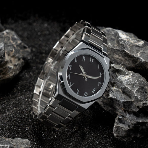 Men's business casual quartz watch with stainless steel strap showing black dial and 10mm thickness.