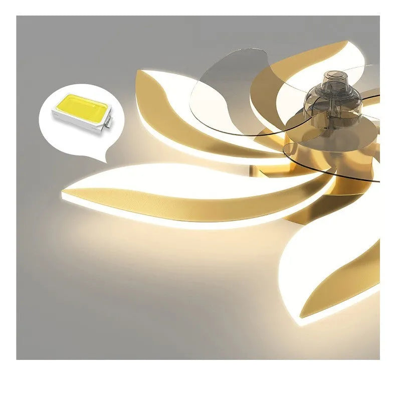 Gold ceiling fan lamp with PVC leaves, 68cm diameter and 4cm height, 72W power