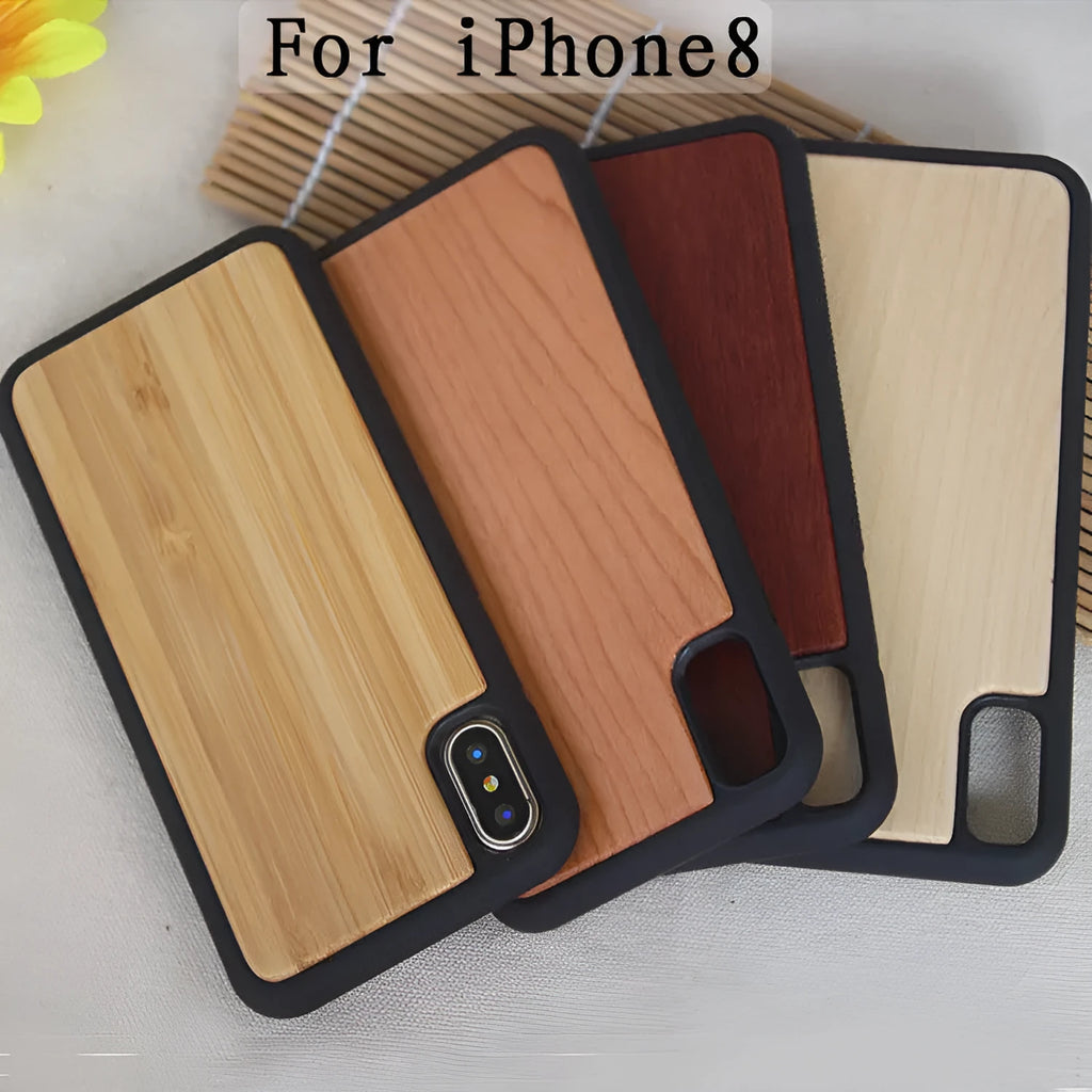 Wooden phone case with carbonised bamboo back and black TPU bumper for iPhone.