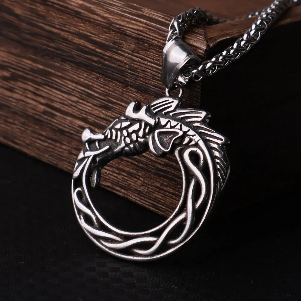 Nordic Viking titanium steel dragon pendant necklace in steel colour with optional 3mm 60cm keel chain, unisex retro geometric design