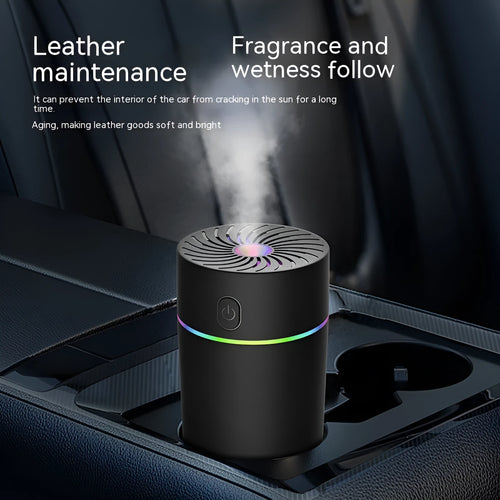 Compact white car USB humidifier with aromatherapy function showing USB connection and water reservoir