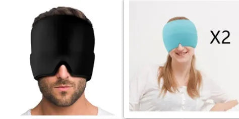 Black elastic cloth gel ice headache relief eye mask showing adjustable headband and cooling gel construction