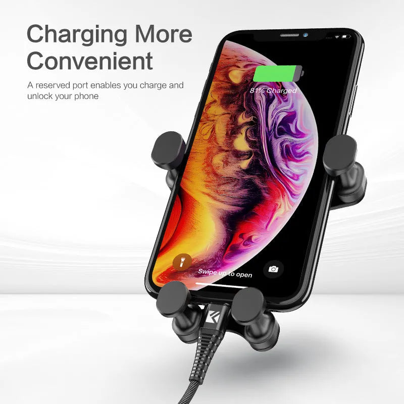 Black gravity car phone holder with 360-degree rotating head mounted on a car air vent.
