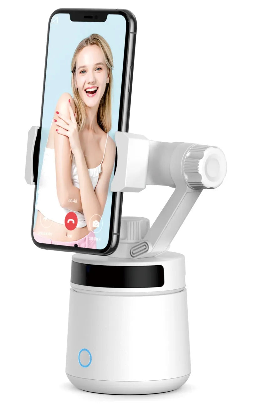 GK01 AI face recognition live selfie gimbal in black or white with Bluetooth, 360 follow-up, aluminium alloy body, and dual USB slots