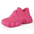 Lace-up fly-knit socks shoes with low heel platform sole, mesh upper, round toe, available in black and rose red