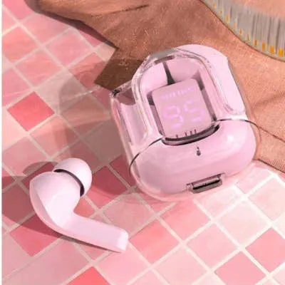 Transparent space capsule case containing true wireless Bluetooth headphones with a digital display screen.