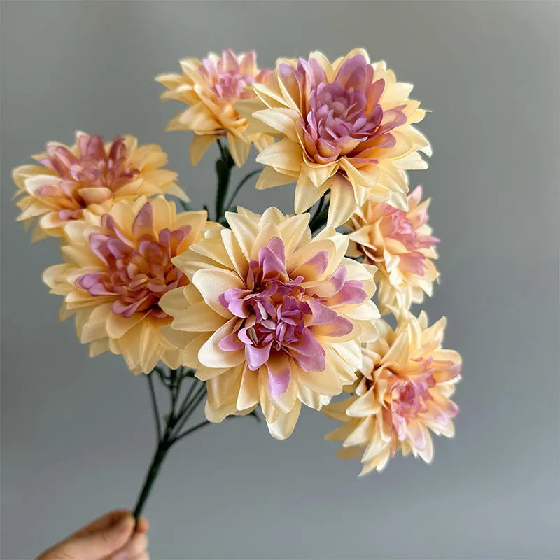 Dahlia desktop display fan holding fake flowers, silk flower bunch in multiple colours for home or office decoration