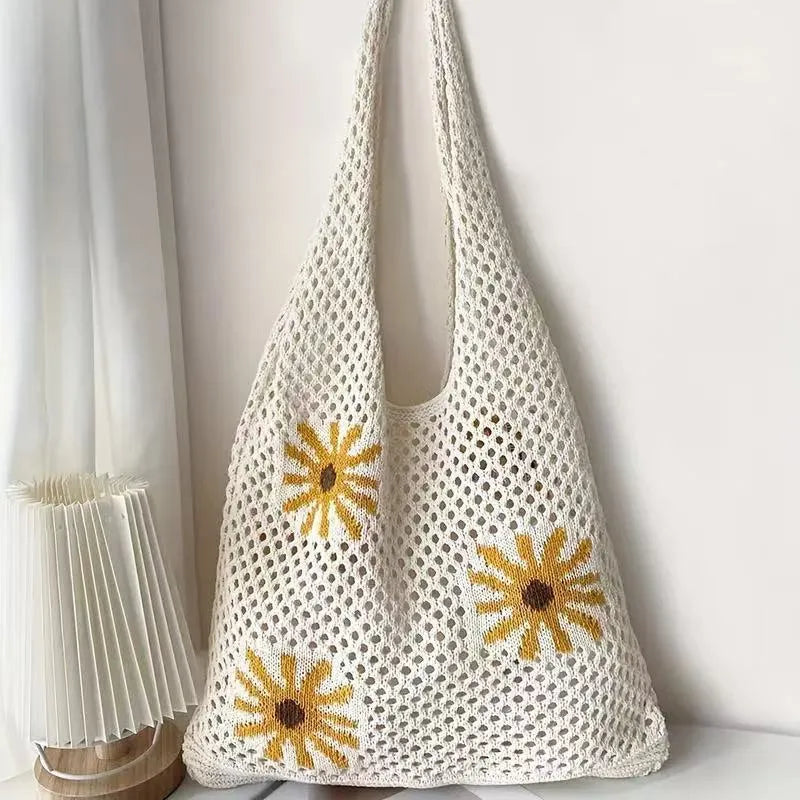 Hand-woven hollow shoulder bag in cotton and linen, beige colour, open pocket design with double straps