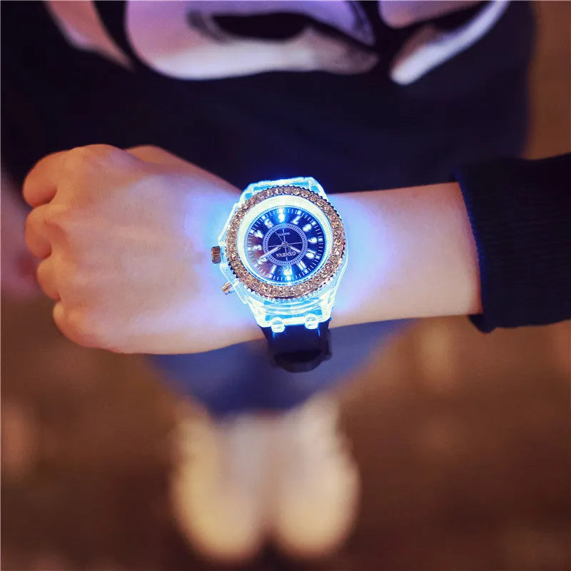 Geneva women's quartz watch with luminous LED display on silicone strap in multiple colours