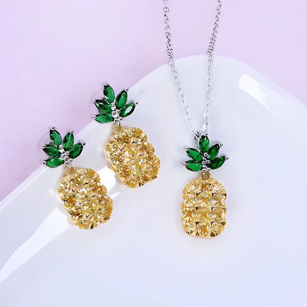 Crystal pineapple earrings and necklace set in 925 sterling silver geometric design