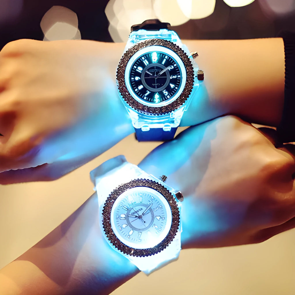 Geneva women's quartz watch with luminous LED display on silicone strap in multiple colours