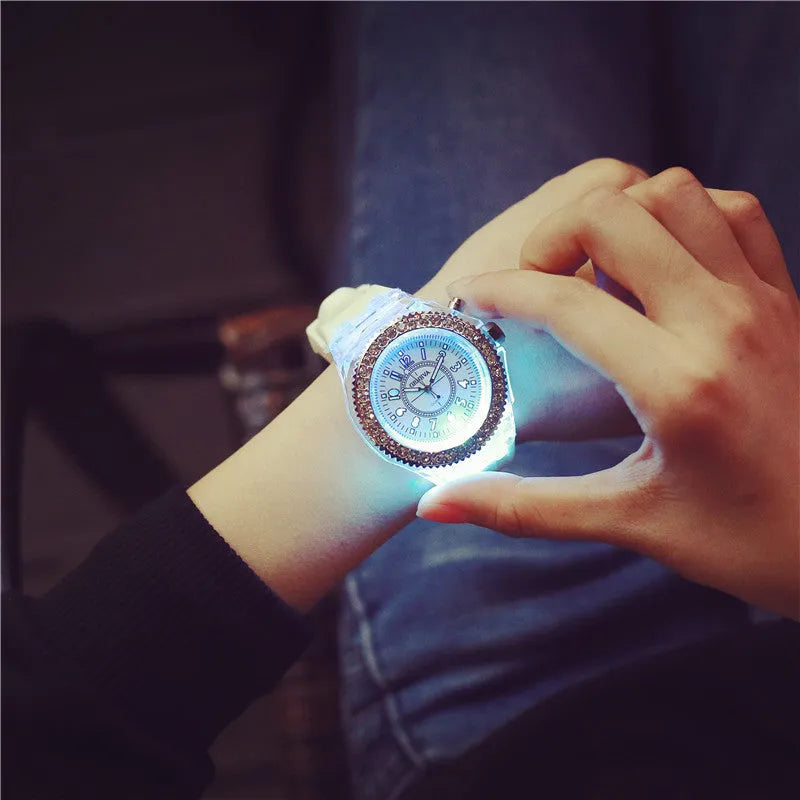 Geneva women's quartz watch with luminous LED display on silicone strap in multiple colours