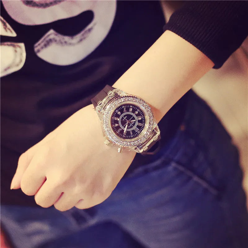 Geneva women's quartz watch with luminous LED display on silicone strap in multiple colours