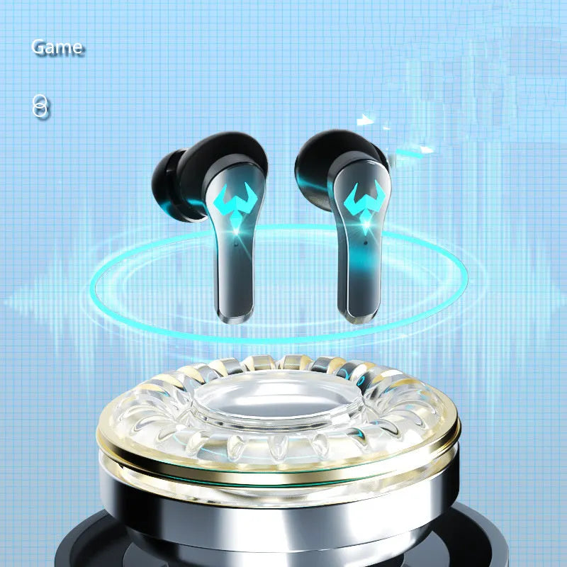 Black wireless in-ear sports gaming headset with bilateral earbuds.