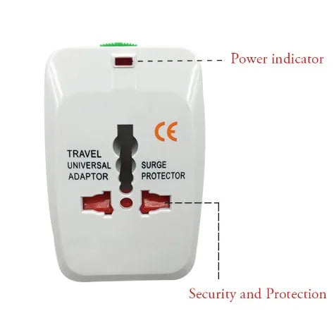 Compact universal travel plug adapter for international sockets, dimensions 73mm by 50mm by 39mm