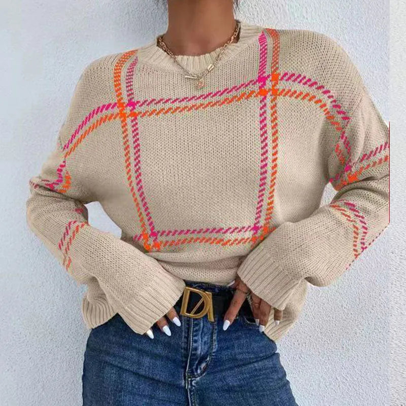Women's casual crew neck sweater with plaid colour-block pattern in apricot, black, beige, red and green stripes