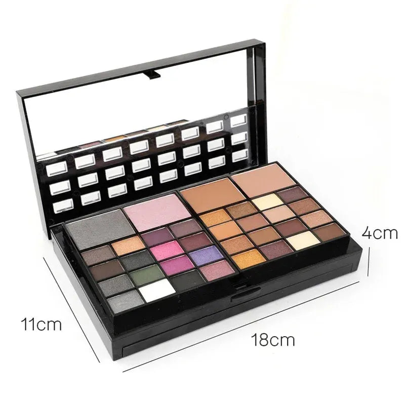 74 colour makeup palette with eyeshadows, lip glosses, concealer, blush and contouring powders in layered plates