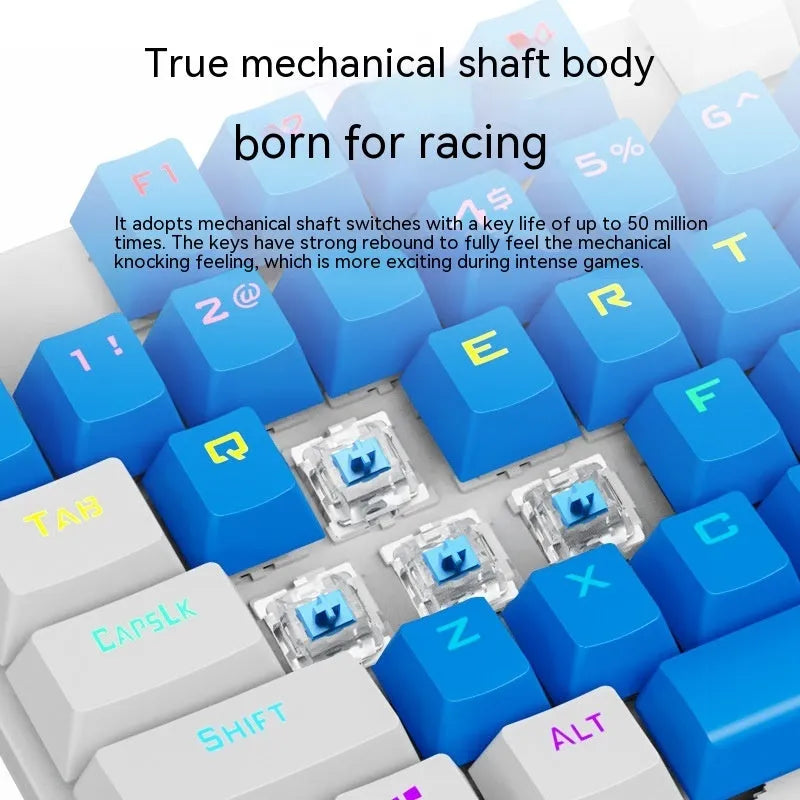 K87 wired mechanical gaming keyboard with metal base, shown in blue white colour with green mechanical switches.