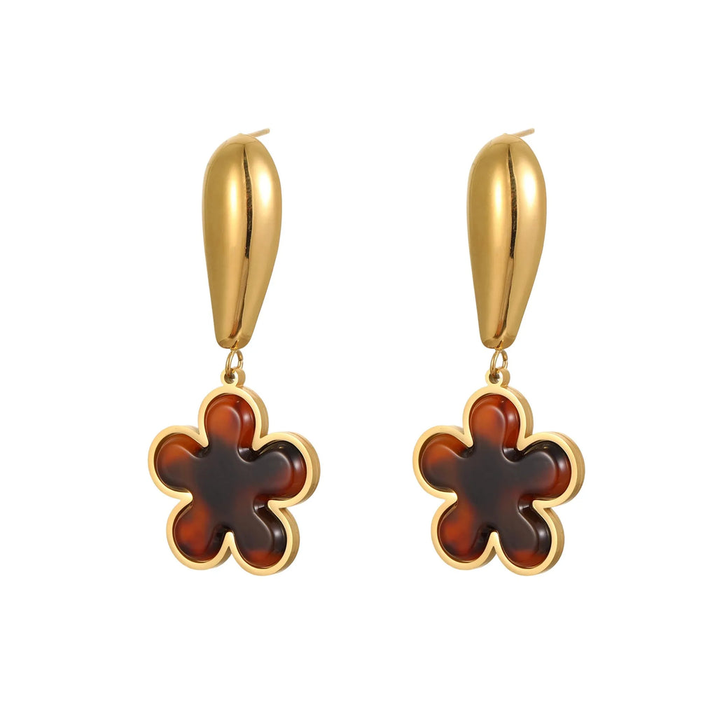 Women's tortoiseshell resin hawksbill colour earrings in heart and flower designs with stainless steel and 18K gold plating