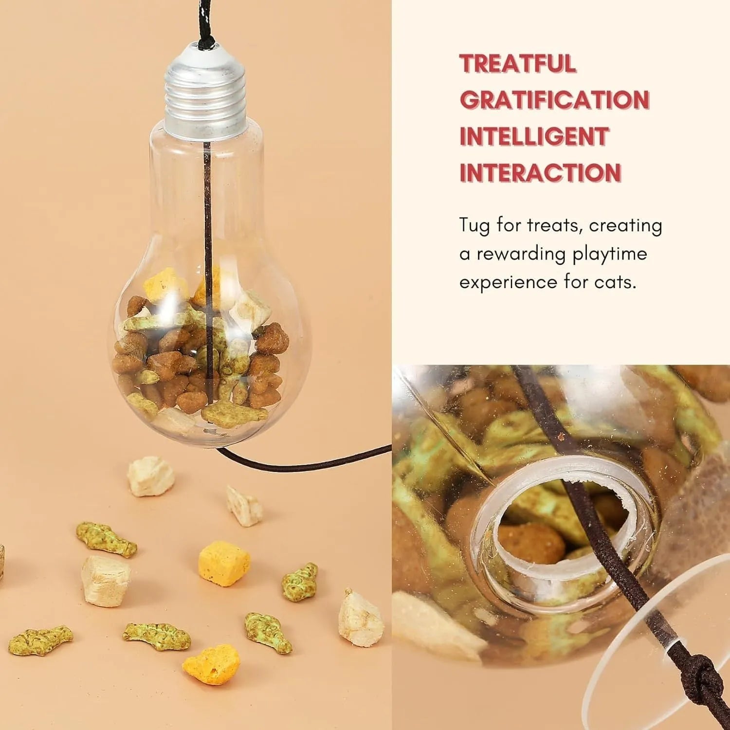 Grey and yellow interactive hanging cat toy with retractable rope, treat bulb, and mouse attachment.