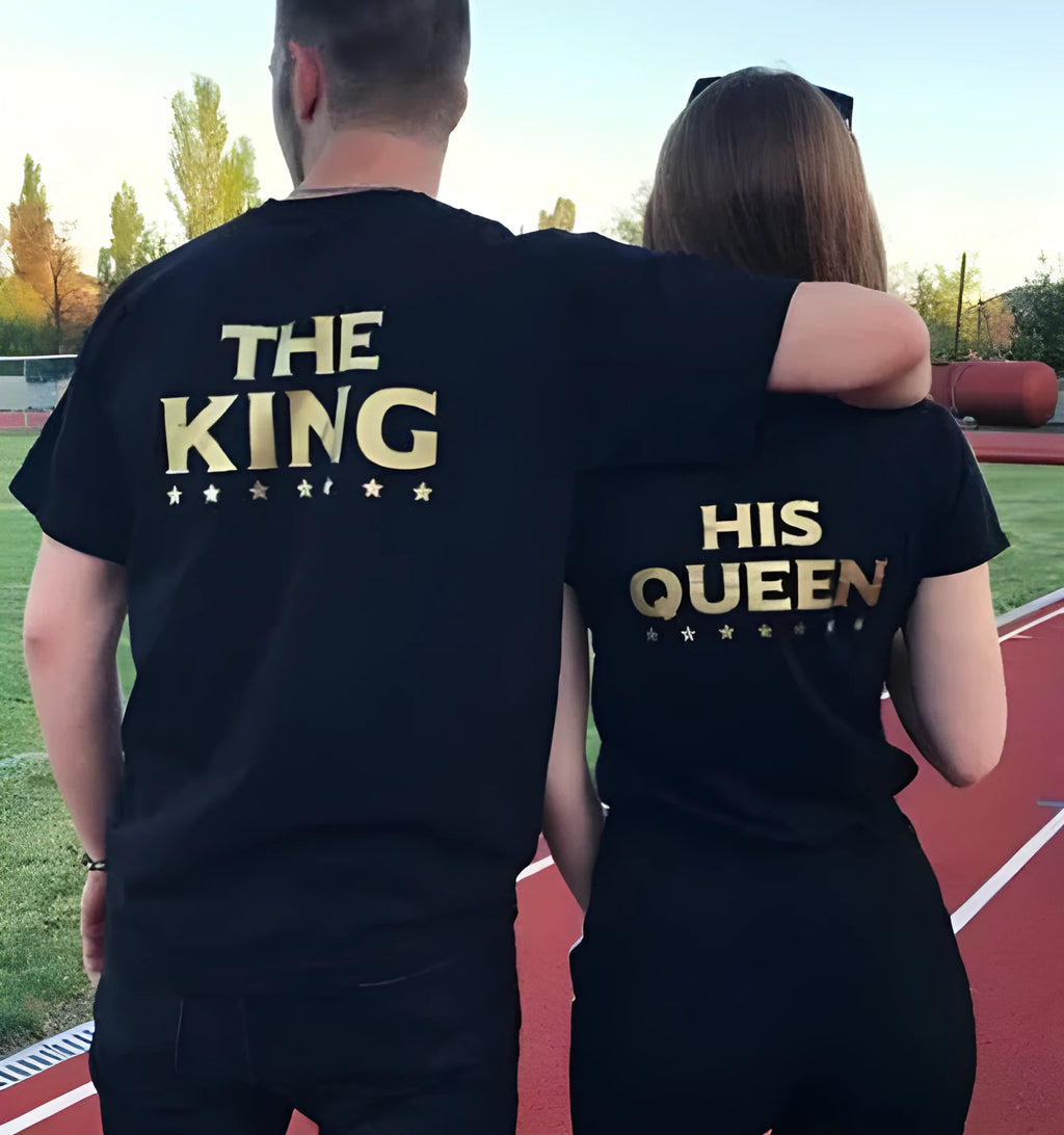 The King & His Queen couple T-shirts, short sleeve, printed black polyester, sizes XS-XXL